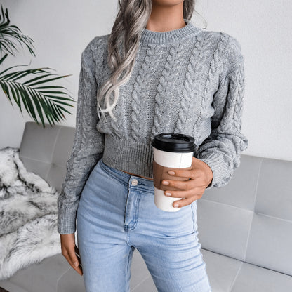 Damen Eleganter Cropped Strickpullover mit Zopfmuster und hochgeschlossenem Design Merchesia