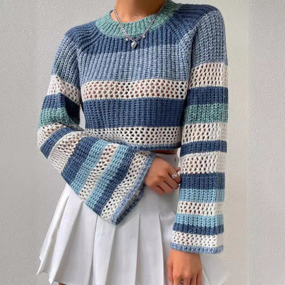 Damen luftiger, gestreifter Strickpullover mit weitem Schnitt Merchesia