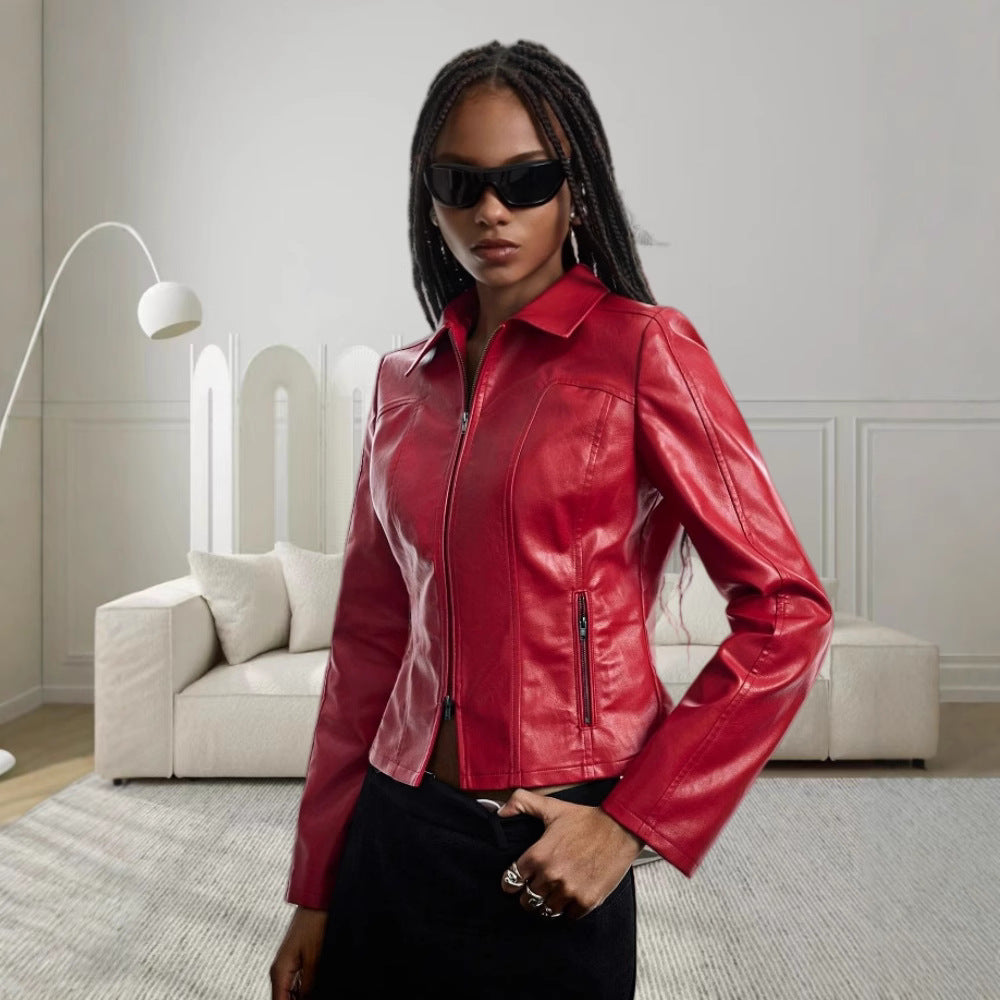Damen Hochwertige Kunstlederjacke im figurbetonten Schnitt Merchesia