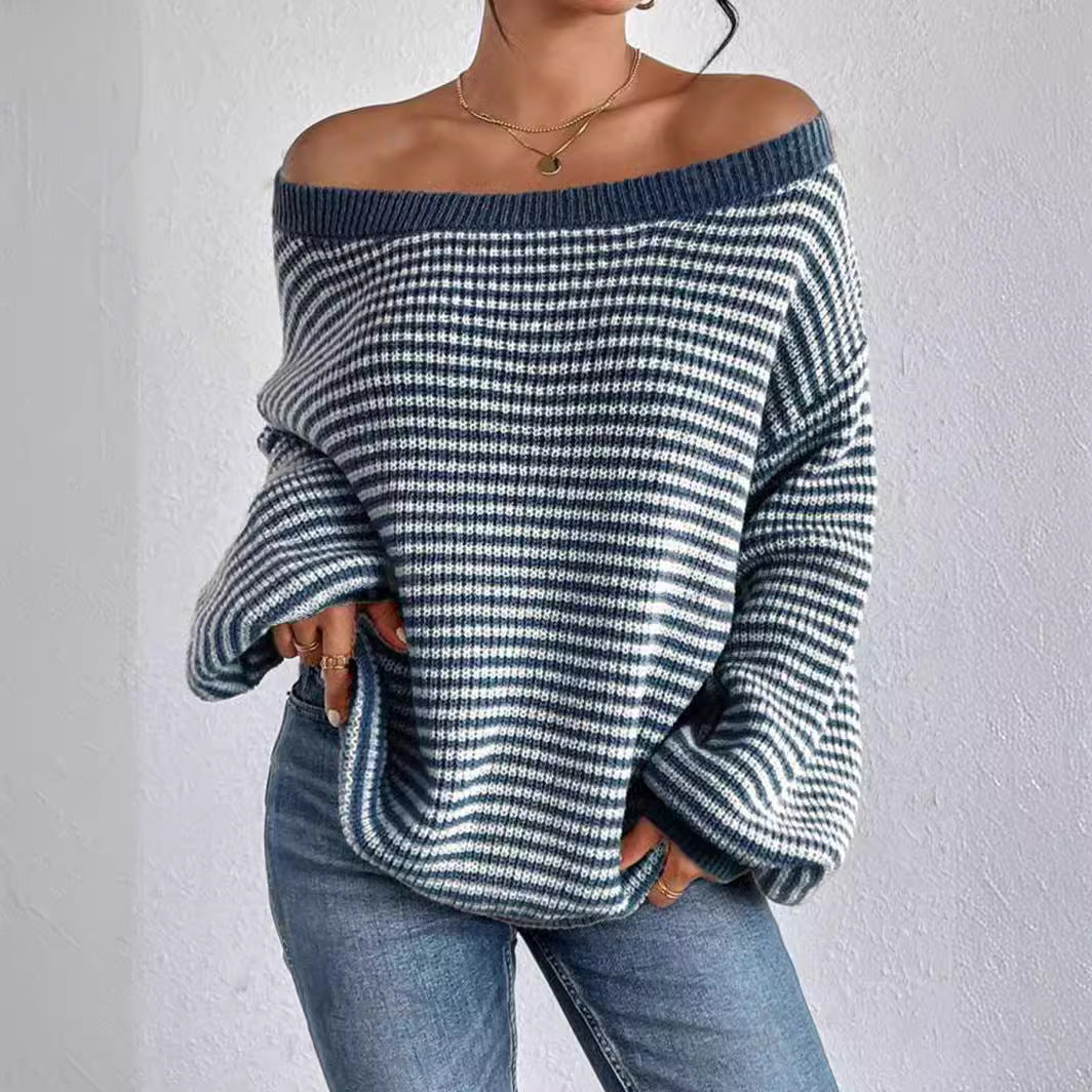 Damen lässiger Strickpullover mit weitem Schnitt und modernen Streifen Merchesia