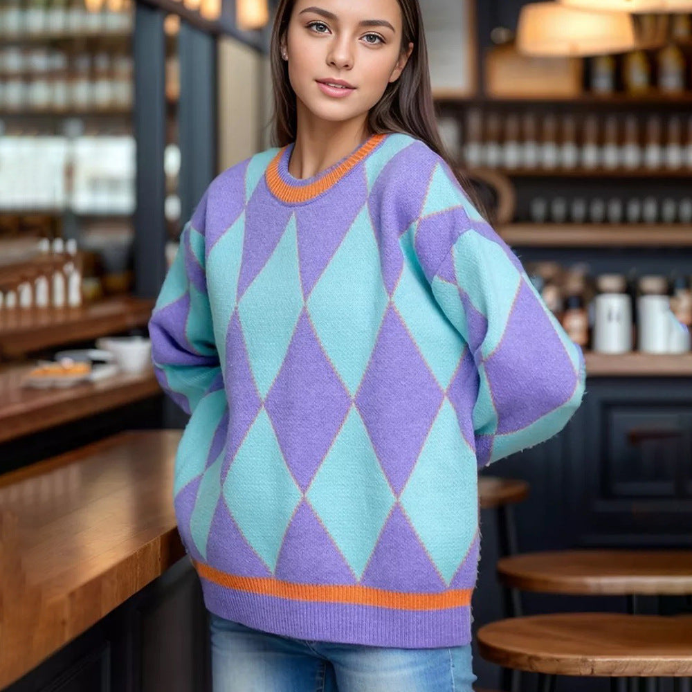 Damen Gemusterter Oversized Pullover mit modernem Rautenmuster und elastischen Säumen Merchesia