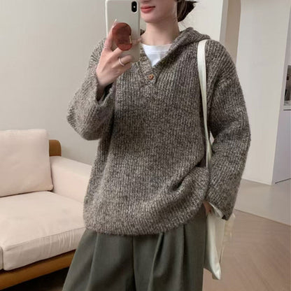 Damen bequemer Strickpullover mit Knopfleiste und Kapuze Merchesia