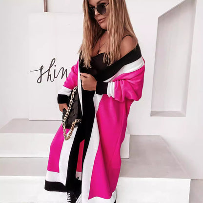 Damen modischer Langstrickmantel mit ausgefallenem Farbblockdesign und breitem Kragen Merchesia