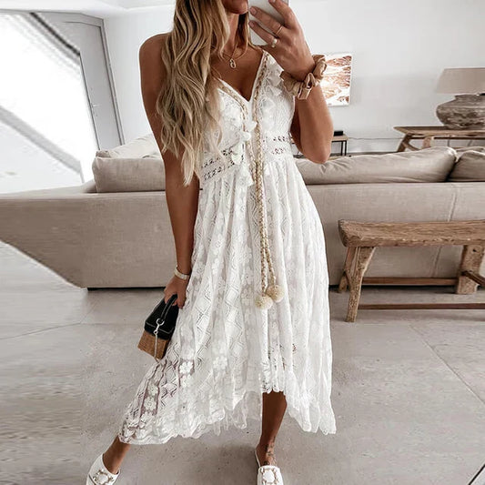 WW | Weißes Spitzenkleid Mit V-ausschnitt
