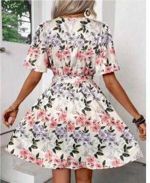 Blumen Print V-Ausschnitt Damen Kleid | Mehrfarbig