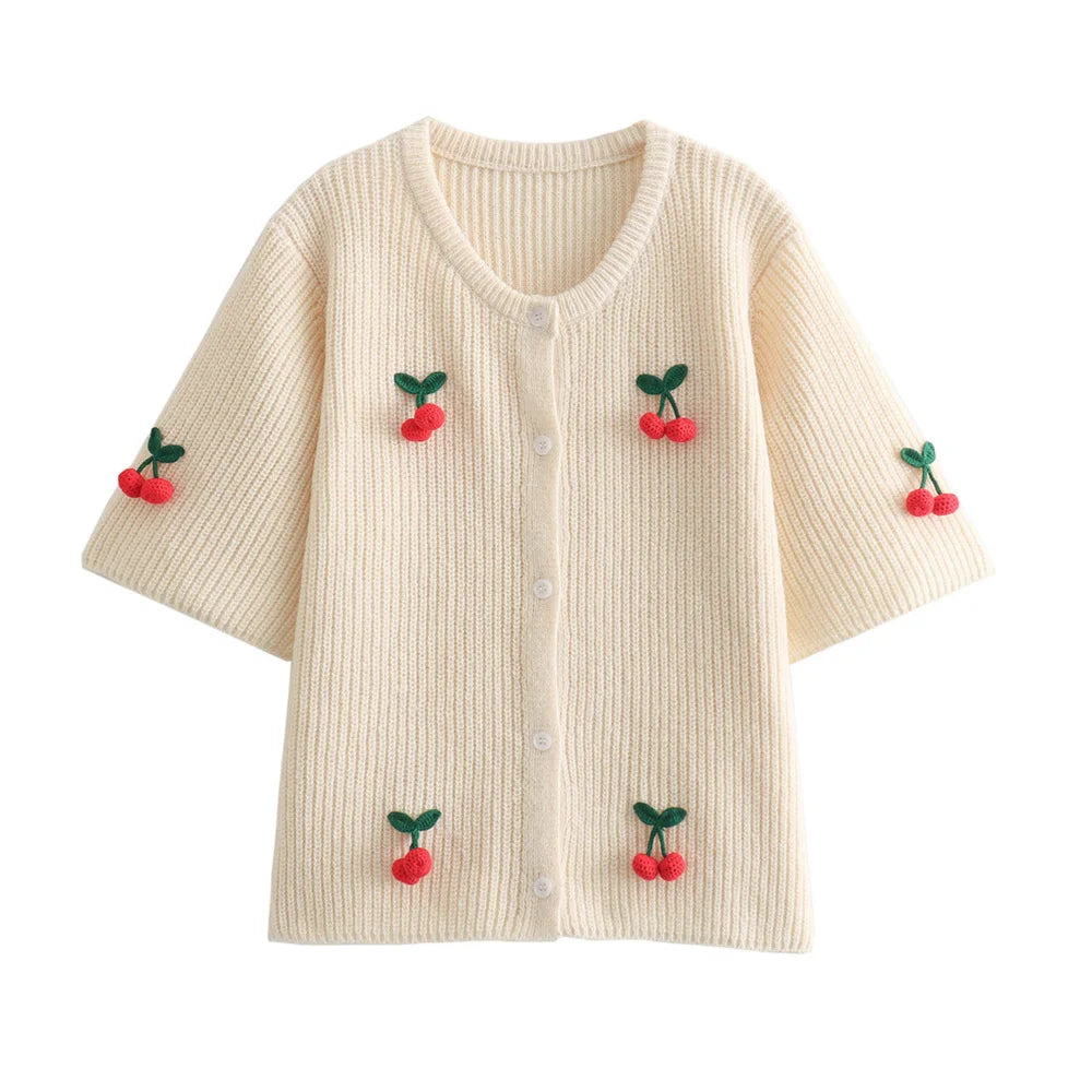 Merche - Oberteile - Polyester - Rundhals - Kirsche - Pullover Kurzarm - Sommer