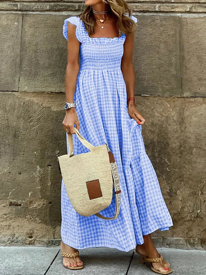 Gerafftes kariertes Maxikleid
