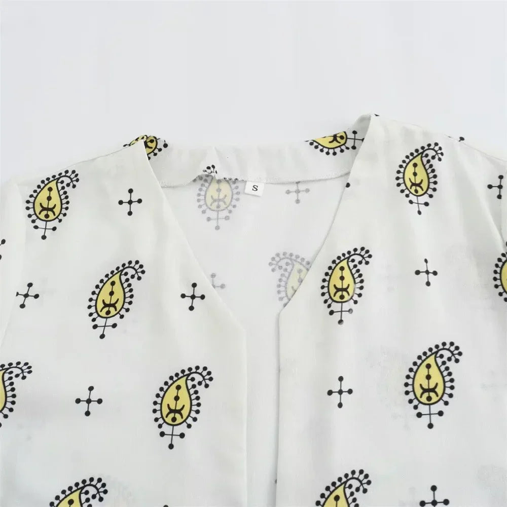 Merche - Slim Fit V-Ausschnitt Lange Ärmel Bedrucktes Shirt Weite Hosen - Alle Jahreszeiten