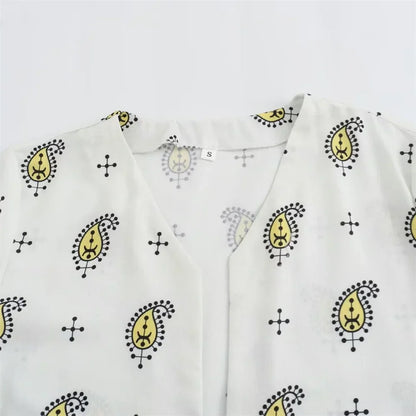 Merche - Slim Fit V-Ausschnitt Lange Ärmel Bedrucktes Shirt Weite Hosen - Alle Jahreszeiten