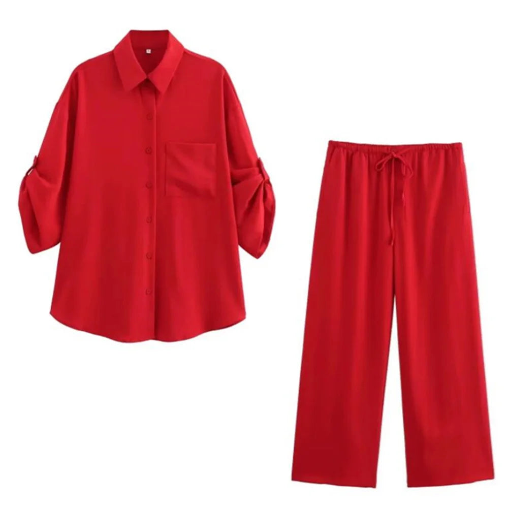 Merche - Outfit-Sets - Polyester - Hemd mit Seidenstruktur - Hose mit hoher Taille - Herbst