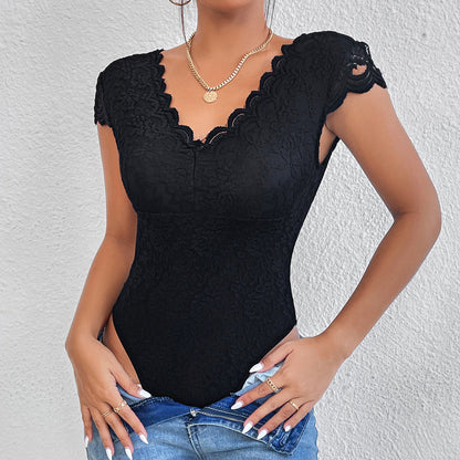 Bodycon Kurzarm V-Ausschnitt Spitze Body Anzüge