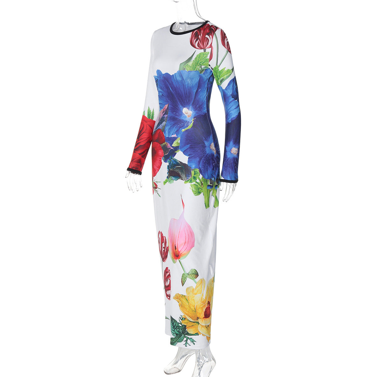 Elegantes Langarm-Blumenmuster-Maxikleid