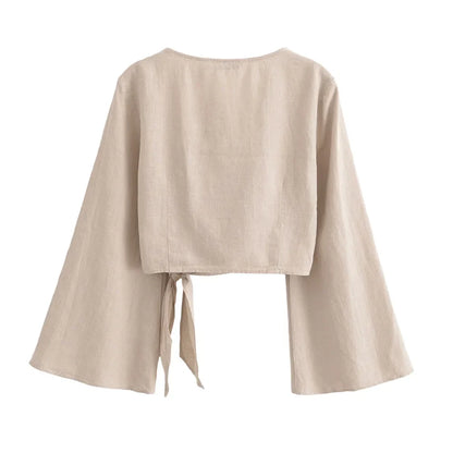 Merche - Top & Hosen Set - Wickel-Kurzarm - Langarm - V-Ausschnitt Weites Bein - Sommer