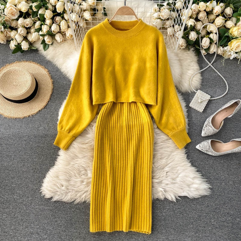 Merche gestricktes elegantes Outfit-Set bestehend aus Pullover und Kleid