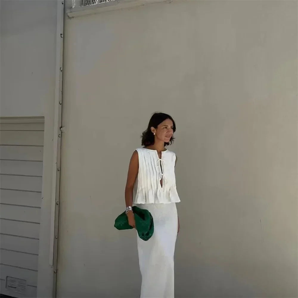 Merche - Shirt & Rock Set - V-Ausschnitt Ärmellos - Hohe Taille - Sommer