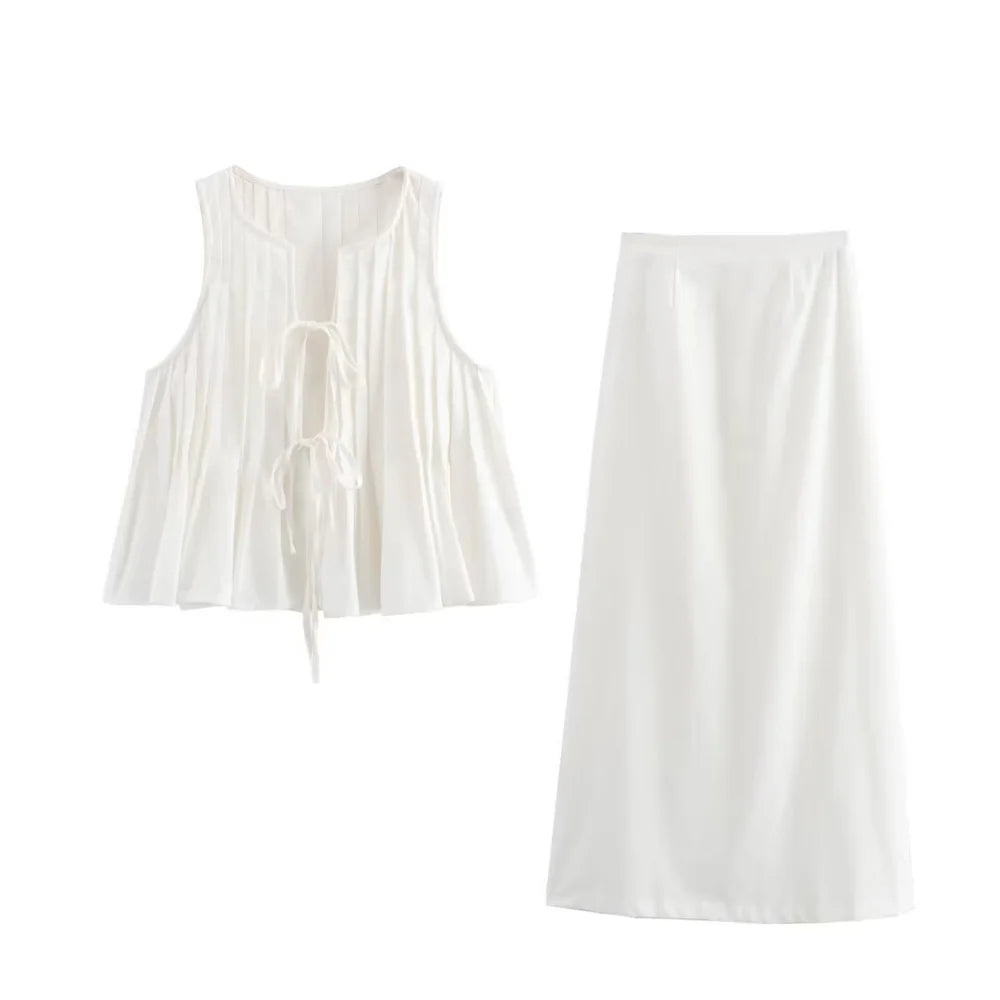 Merche - Shirt & Rock Set - V-Ausschnitt Ärmellos - Hohe Taille - Sommer