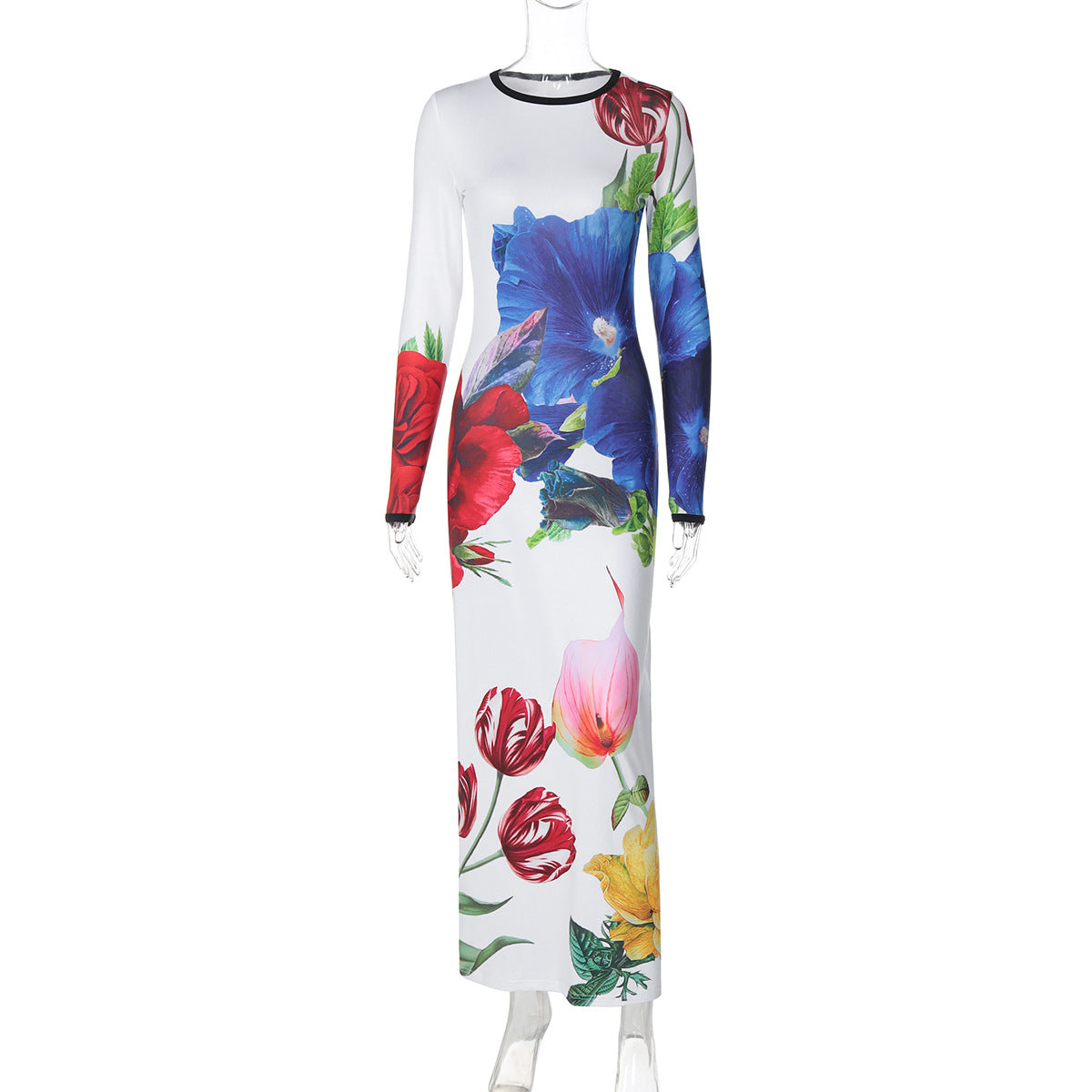 Elegantes Langarm-Blumenmuster-Maxikleid