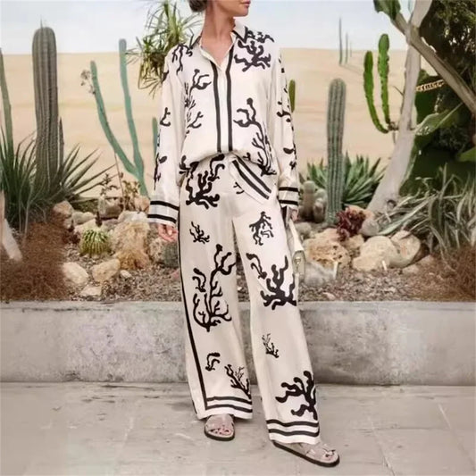 Merche - Lässiges Langarm-Knopf-Shirt und Hosen-Set