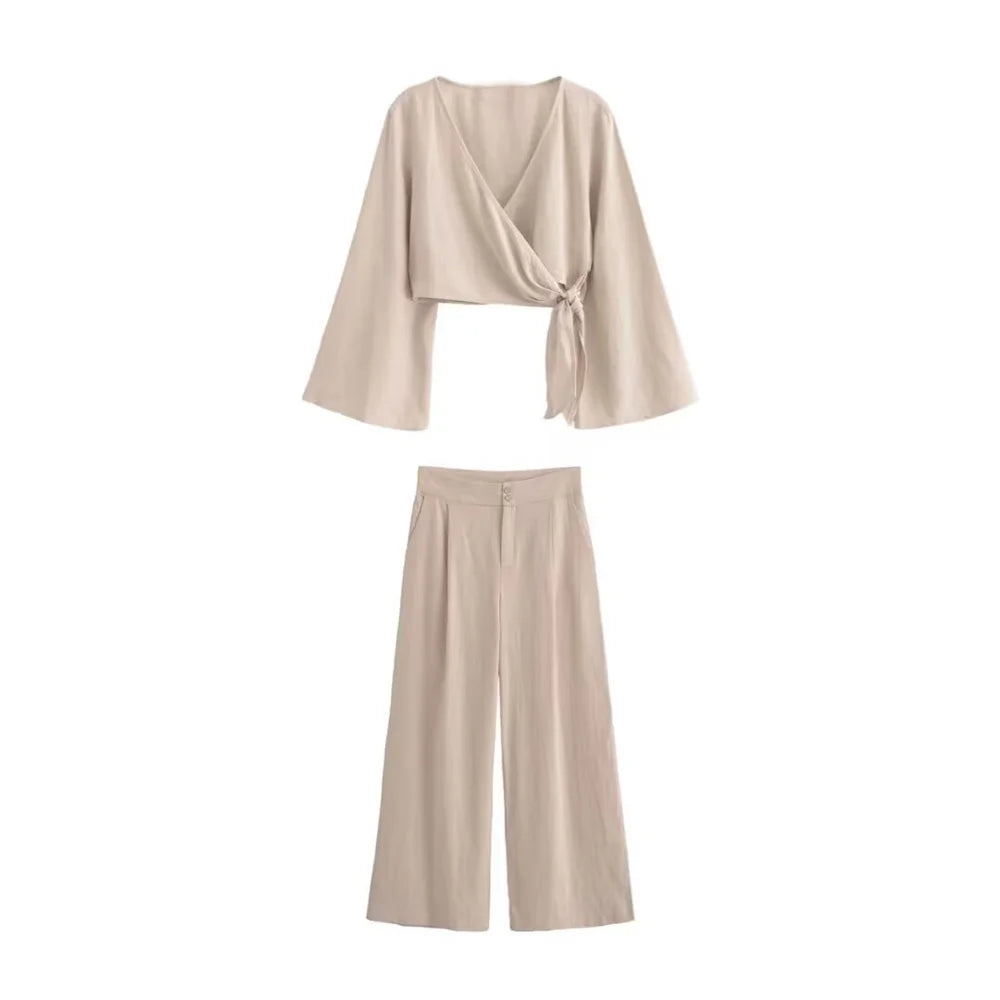 Merche - Top & Hosen Set - Wickel-Kurzarm - Langarm - V-Ausschnitt Weites Bein - Sommer