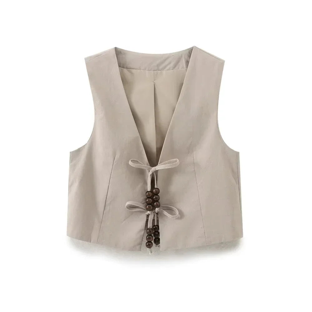 Merche - Tank Top und Hosen Set - Perlenschleife Leinenmischung - Sommer