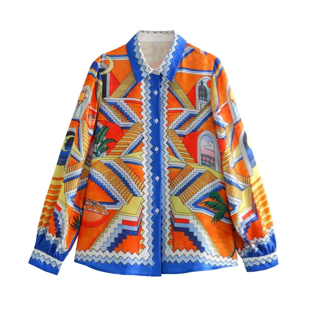 Merche - Vielseitiges Print-Shirt mit losen Revers - Weite Hose im Set