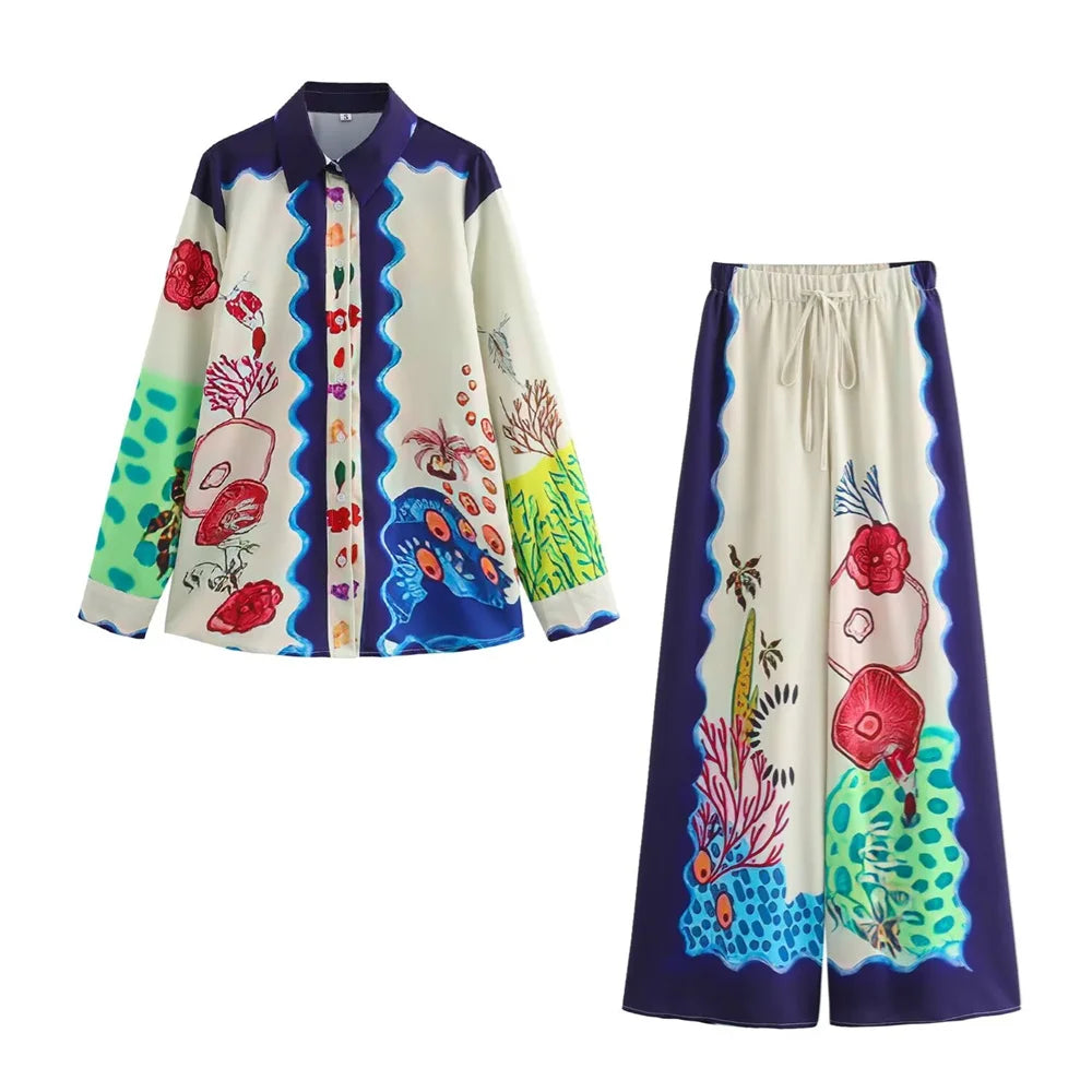 Merche - Outfit-Sets - Polyester - Oberteil mit langem Ärmel und Kragen - Hose mit weitem Bein - Sommer