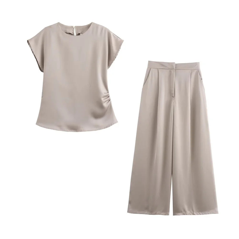 Merche - Top & Hosen Set - Rundhals - Kurzarm - Hohe Taille - Sommer