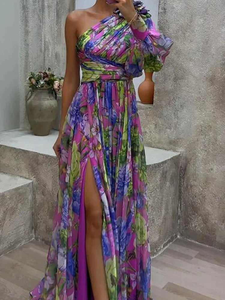Lila Druck Seite Schlitz ein Ärmel Sexy Maxikleid