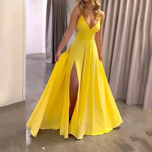 Maxikleid Sommermode Hosenträger Schlitz Gekappte Taille