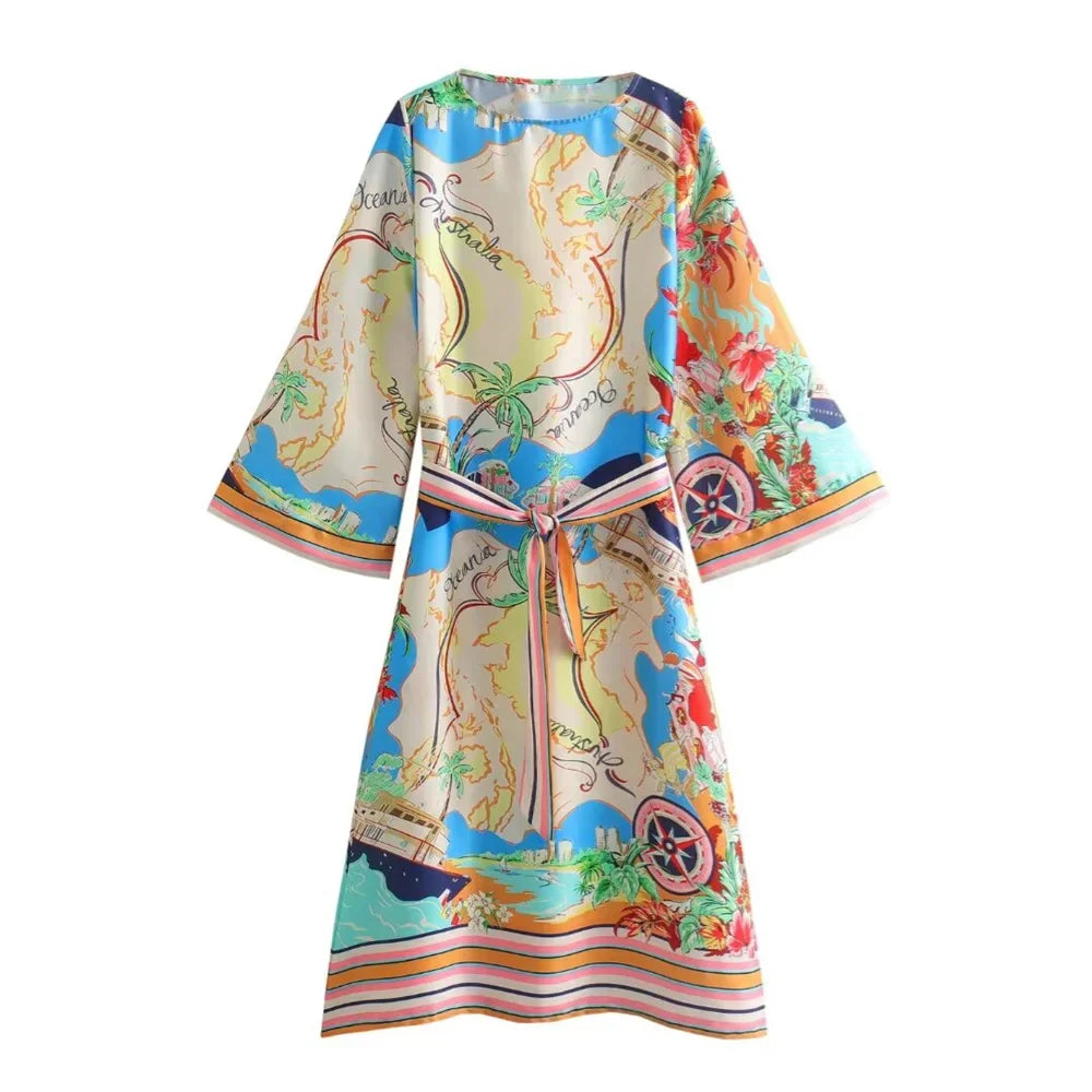 Merche Kleid - Casual - Rundhalsausschnitt Druck mit Gürtel - Alle Jahreszeiten
