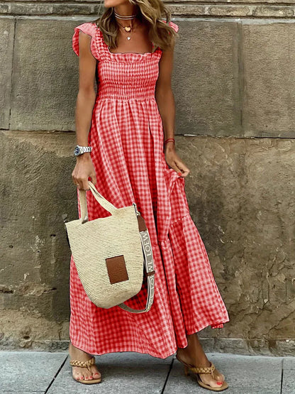 Gerafftes kariertes Maxikleid