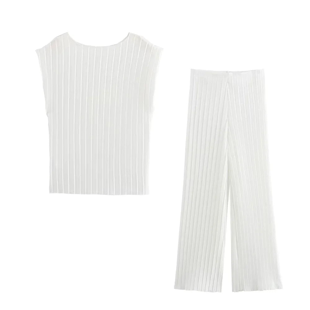 Merche - Oberteil und Hose Set - Einreihiger Ausschnitt Einfach plissiert - Sommer