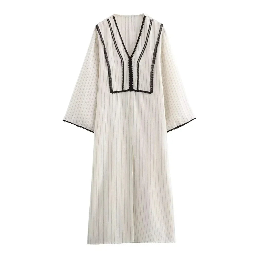 Merche - Kleid - Locker - V-Ausschnitt - Langarm - Streifen - Herbst