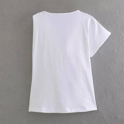 Merche - Oberteile - Polyester/Leinen - Tiefer Ausschnitt Asymmetrisch - Plissee T-Shirt - Sommer