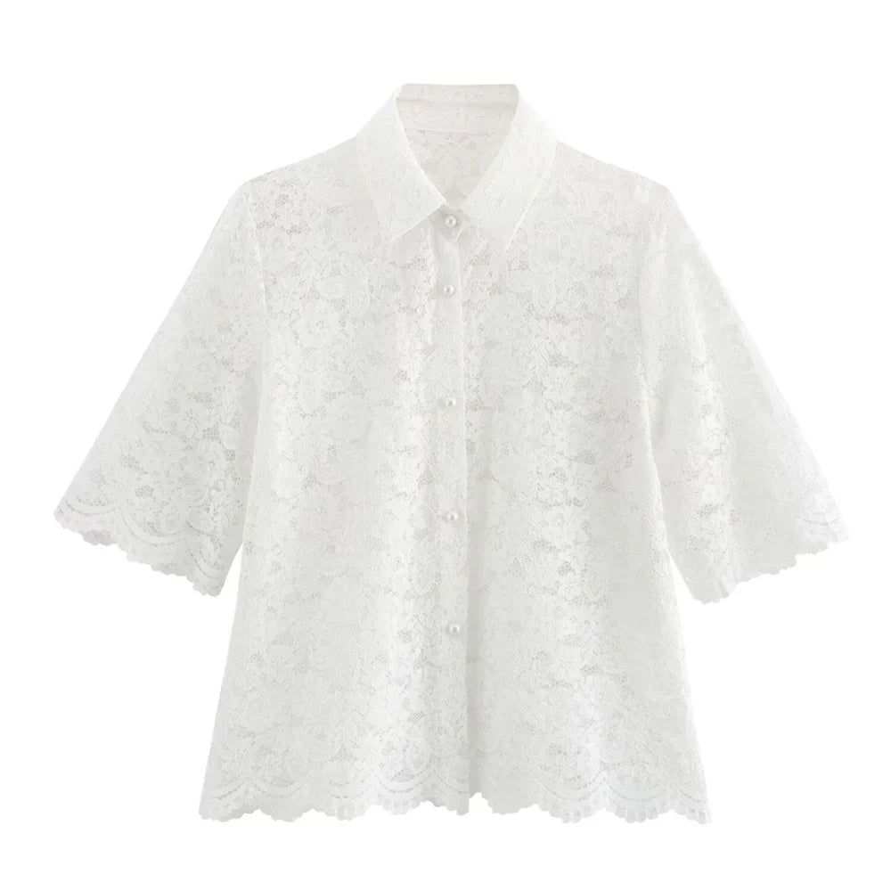 Merche - Kurzes Shirt mit Spitze - kurze Ärmel - Hosenset - Alle Jahreszeiten