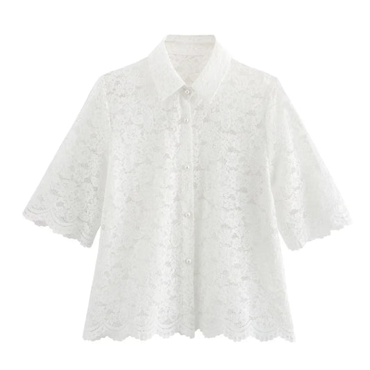 Merche - Kurzes Shirt mit Spitze - kurze Ärmel - Hosenset - Alle Jahreszeiten