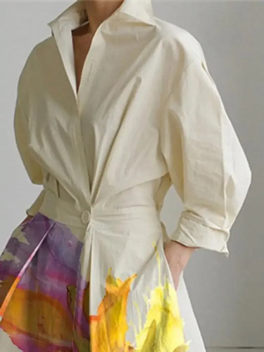 WW | Mode Frühling Sommer Bedruckt Floral Plissiert A-linie Kleider Split Joint Gebunden Taille Umlegekragen Hemden Kleid Für Frauen