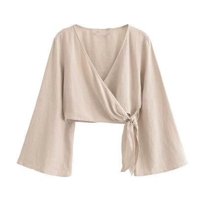 Merche - Top & Hosen Set - Wickel-Kurzarm - Langarm - V-Ausschnitt Weites Bein - Sommer