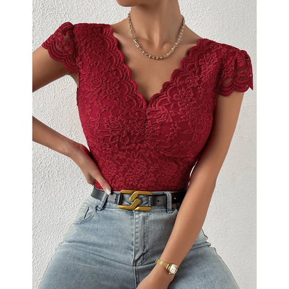 Bodycon Kurzarm V-Ausschnitt Spitze Body Anzüge