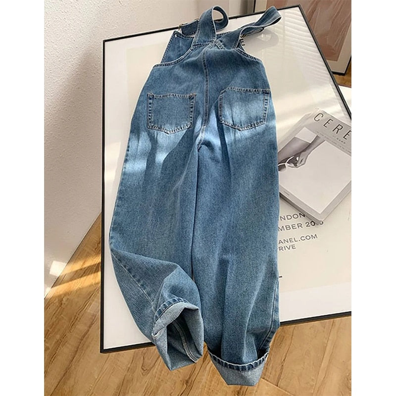 WW | Weinlese Denim Overall, Weit Geschnittene Hosenbeine, Hohe Taille, Gerade Jeans