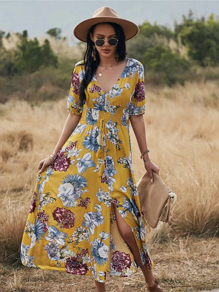 Blumenmuster Maxikleid mit V-Ausschnitt und hoher Taille