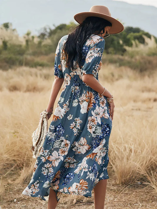 Blumenmuster Maxikleid mit V-Ausschnitt und hoher Taille