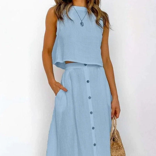 Ärmelloses Oberteil mit geknöpftem Rock Damen Set für Street Style