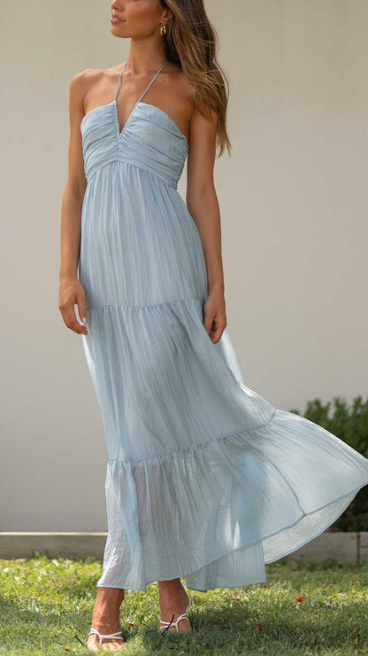 Ätherisch blaues trägerloses Maxikleid mit Transparenzen