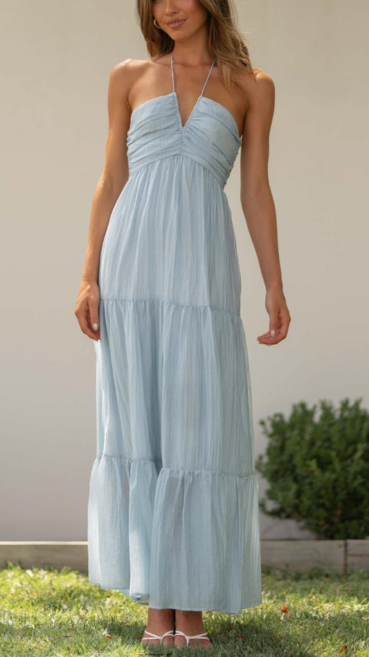 Ätherisch blaues trägerloses Maxikleid mit Transparenzen