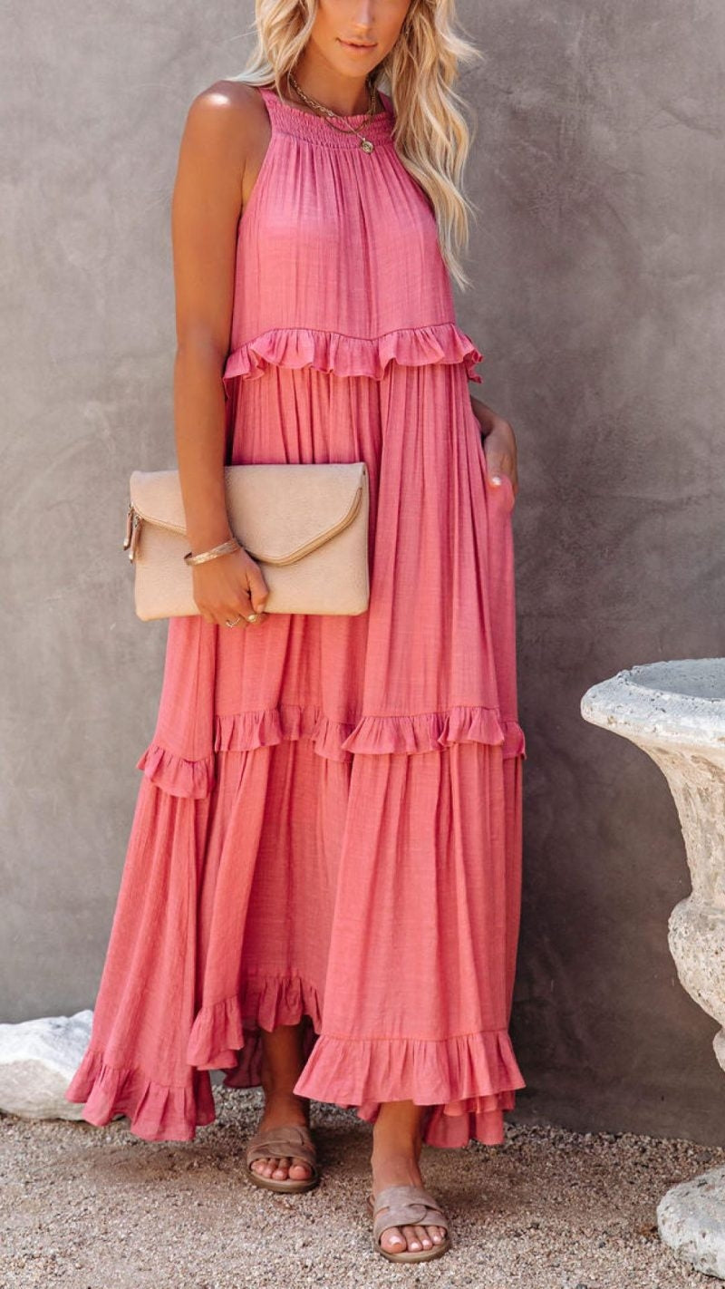Schlichtes Maxikleid mit Neckholder und Rüschen