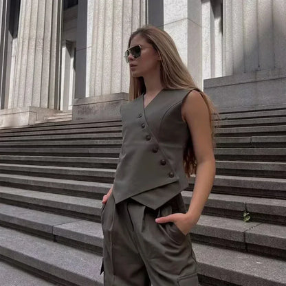 Ärmellose Leinenbluse Damen - Doppelreihige Sommermode