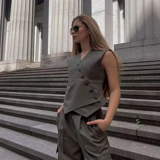 Ärmellose Leinenbluse Damen - Doppelreihige Sommermode