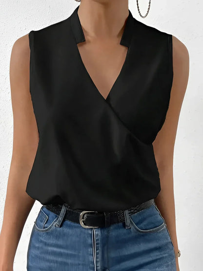 Ärmellose Wickelbluse Weiß V-Ausschnitt Elegant Büro Damen