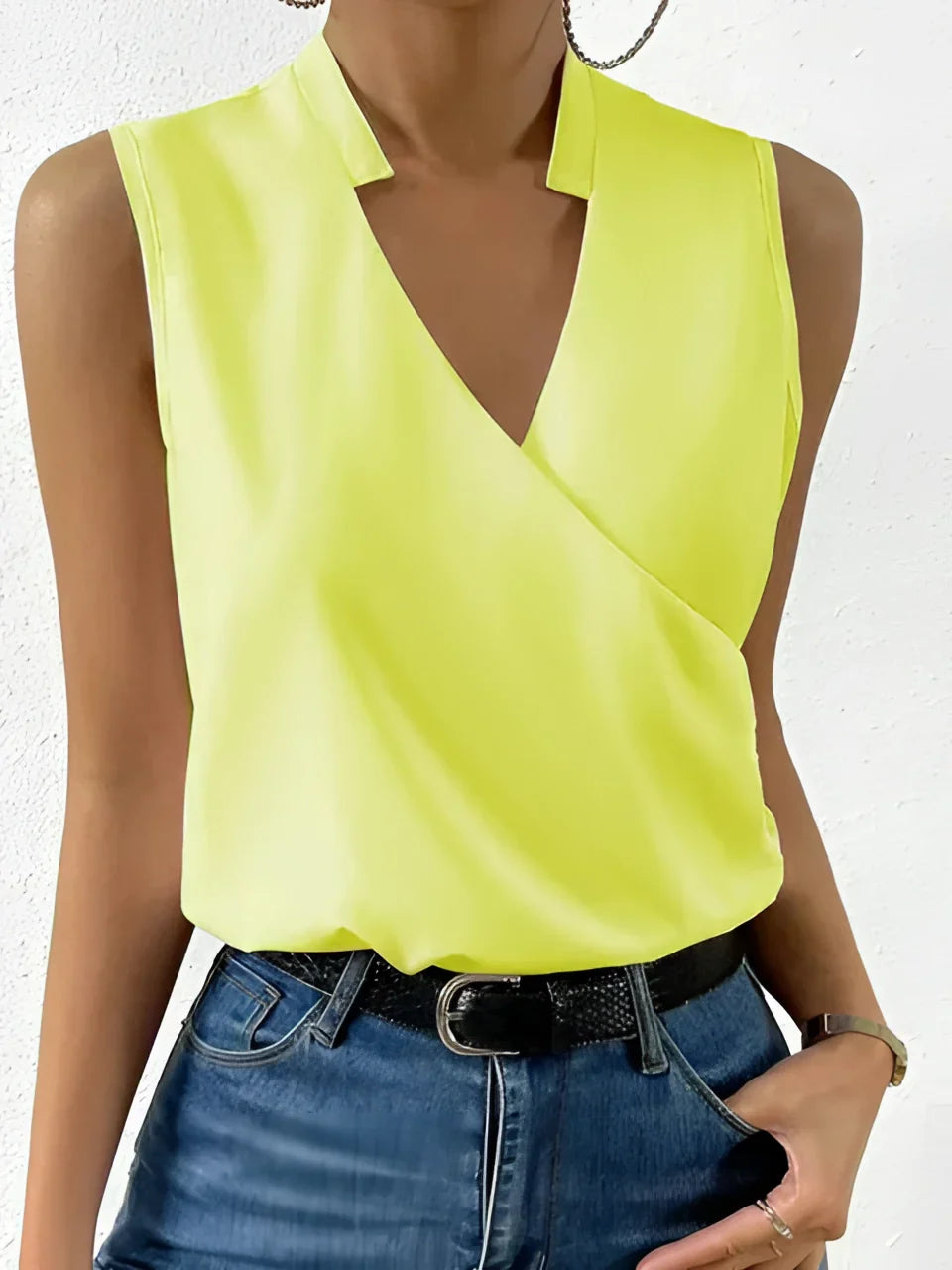 Ärmellose Wickelbluse Weiß V-Ausschnitt Elegant Büro Damen